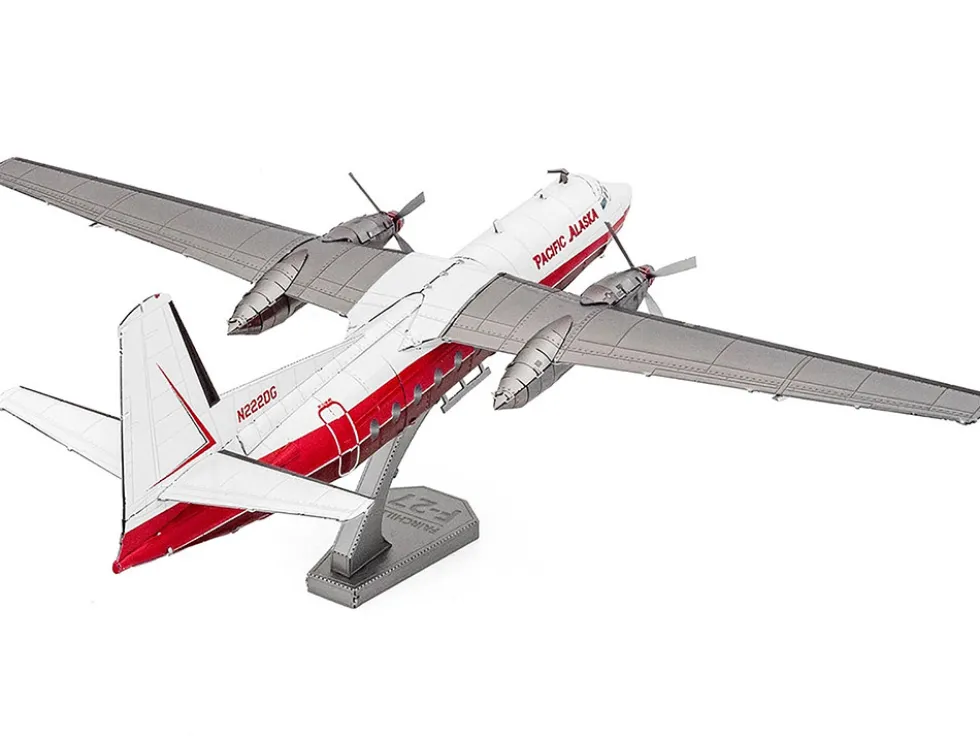 Model Kit Fairchild F-27 Commercial Aircraft "Pacific Alaska" White with Red Stripes (Moderate Difficulty) Steel Model by Metal Earth