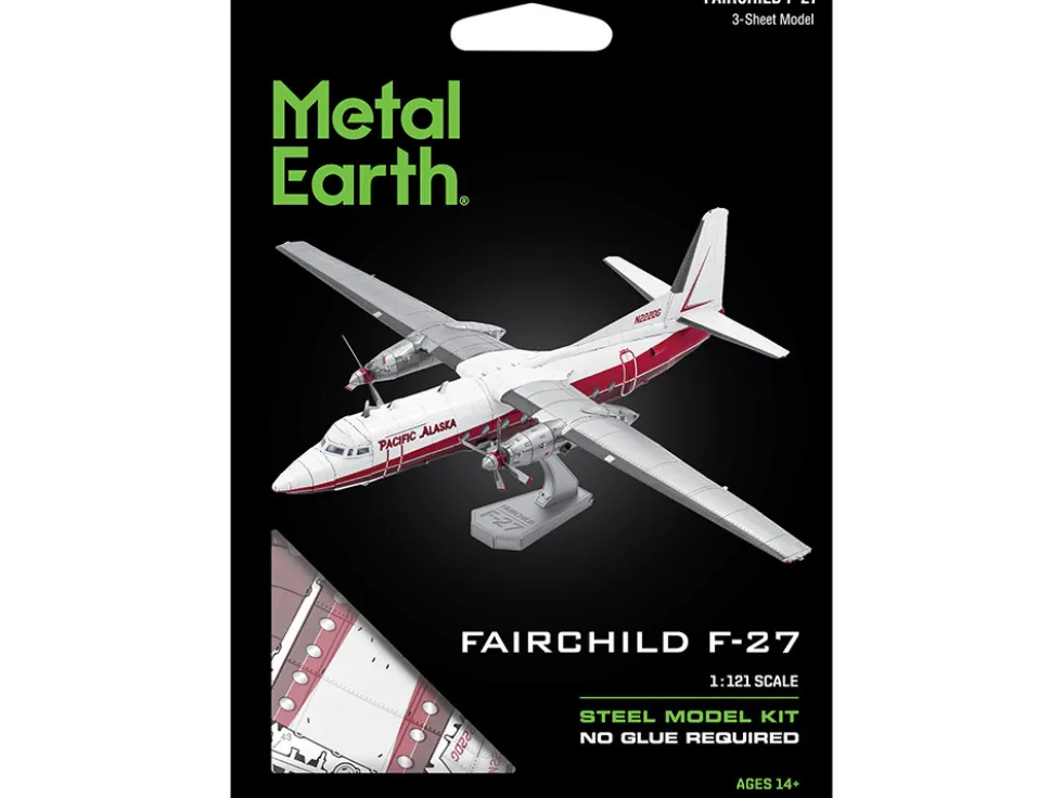Model Kit Fairchild F-27 Commercial Aircraft "Pacific Alaska" White with Red Stripes (Moderate Difficulty) Steel Model by Metal Earth