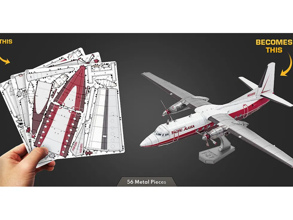 Model Kit Fairchild F-27 Commercial Aircraft "Pacific Alaska" White with Red Stripes (Moderate Difficulty) Steel Model by Metal Earth