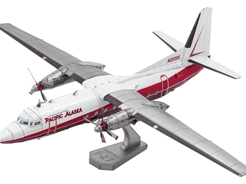 Model Kit Fairchild F-27 Commercial Aircraft "Pacific Alaska" White with Red Stripes (Moderate Difficulty) Steel Model by Metal Earth