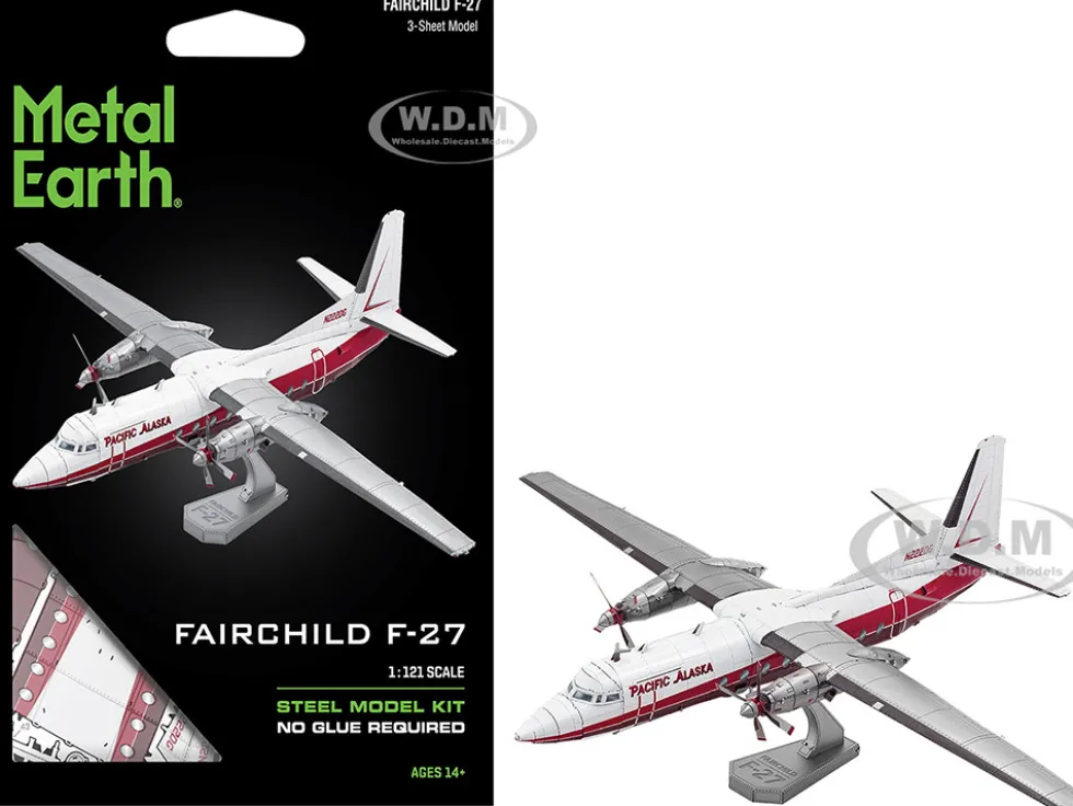 Model Kit Fairchild F-27 Commercial Aircraft "Pacific Alaska" White with Red Stripes (Moderate Difficulty) Steel Model by Metal Earth