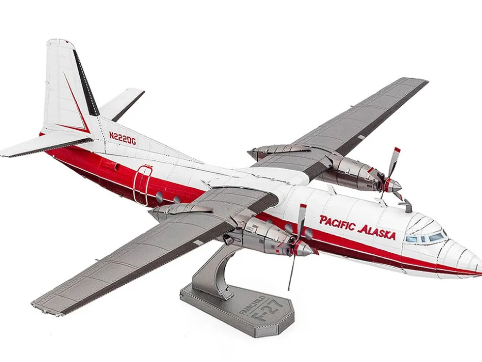 Model Kit Fairchild F-27 Commercial Aircraft "Pacific Alaska" White with Red Stripes (Moderate Difficulty) Steel Model by Metal Earth