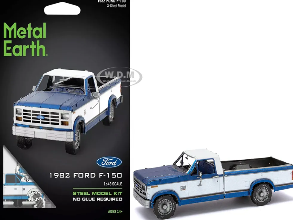 Model Kit 1982 Ford F-150 Pickup Truck Blue and White (Moderate Difficulty) Steel Model by Metal Earth