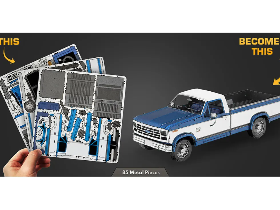 Model Kit 1982 Ford F-150 Pickup Truck Blue and White (Moderate Difficulty) Steel Model by Metal Earth
