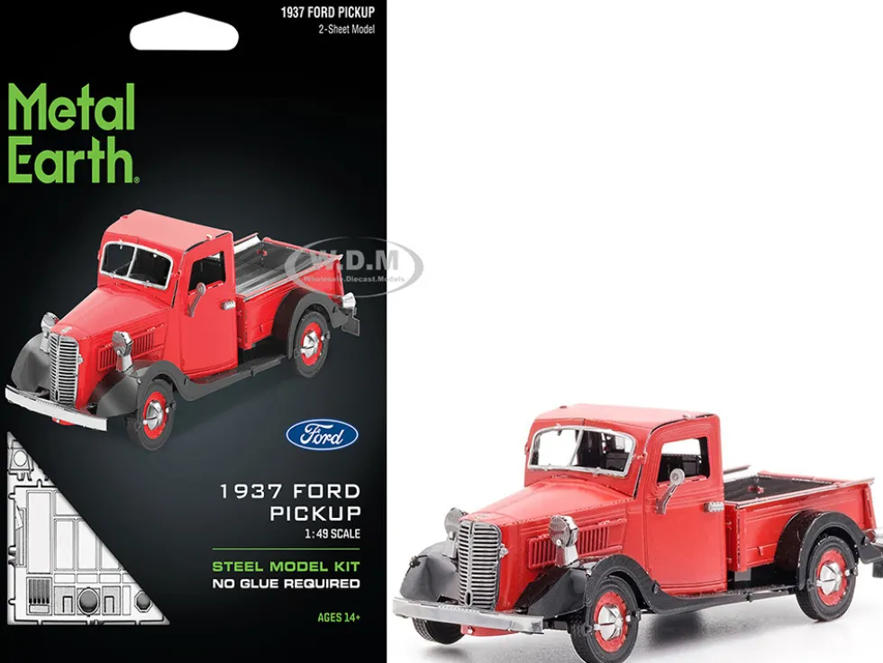 Model Kit 1937 Ford Pickup Truck Red and Black (Moderate Difficulty) Steel Model by Metal Earth