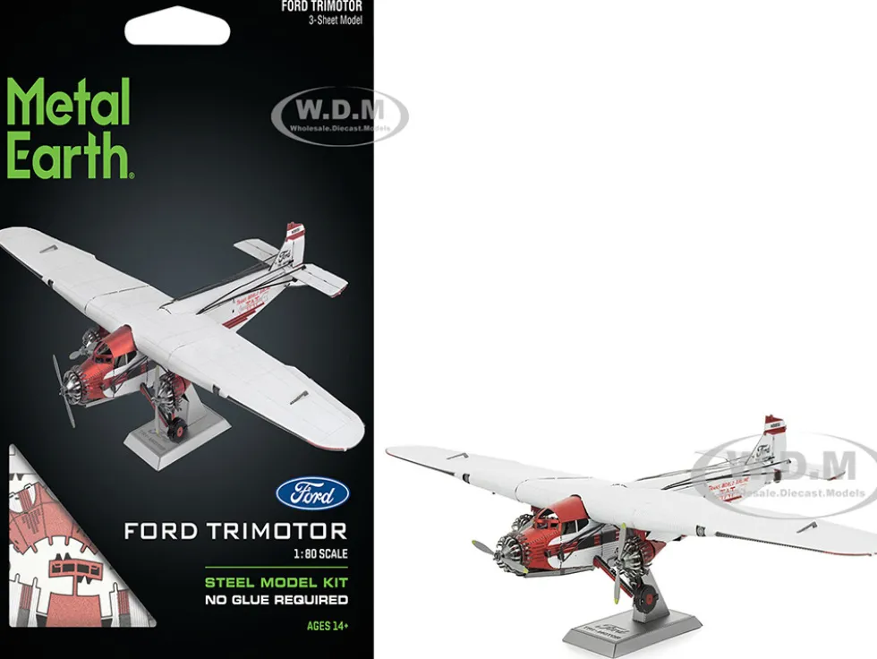 Model Kit Ford Trimotor Transport Aircraft White and Red (Moderate Difficulty) Steel Model by Metal Earth