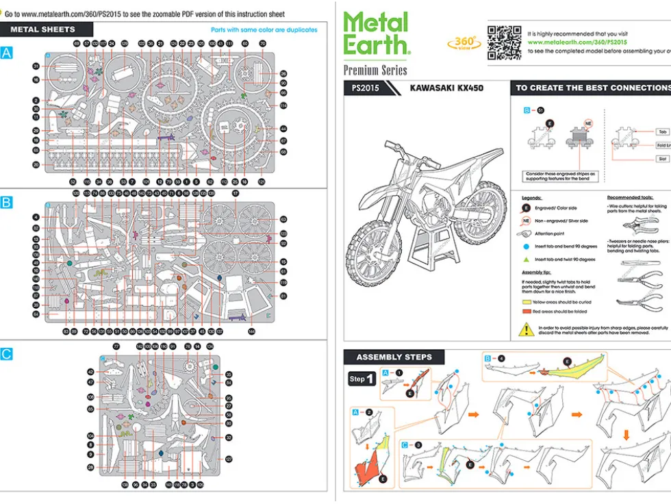 Model Kit Kawasaki KX450 Off-Road Motorcycle Green (Challenging Difficulty) Steel Model by Metal Earth