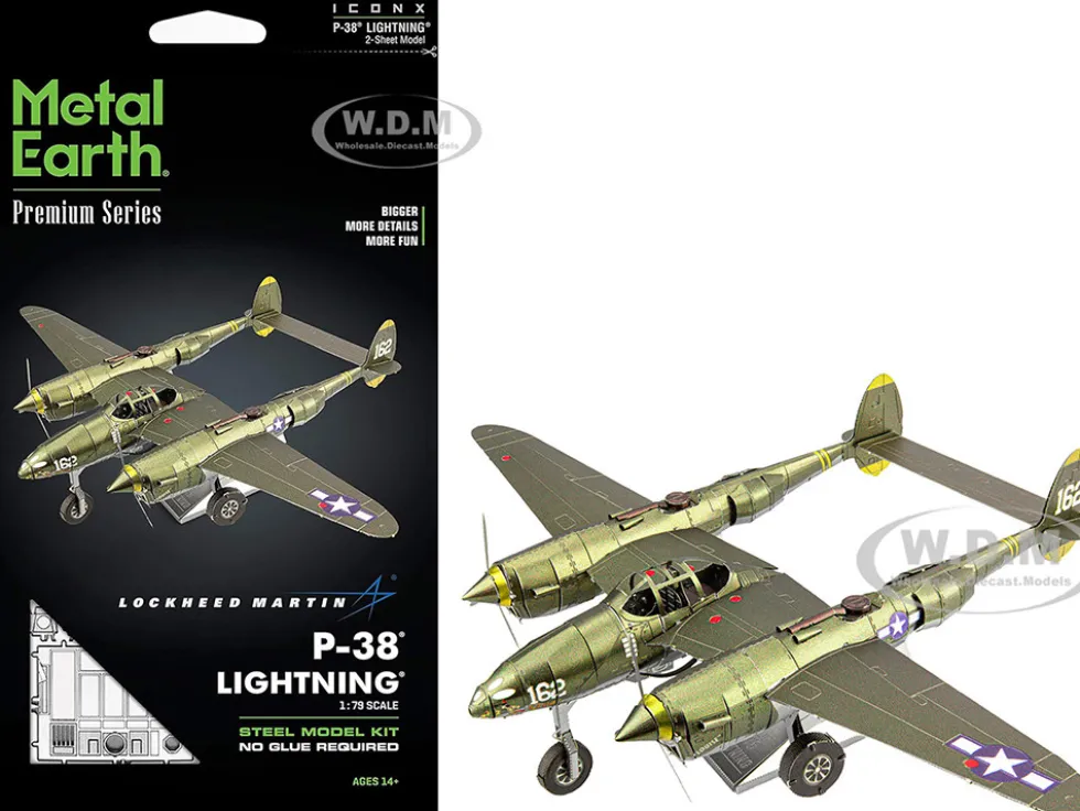 Model Kit Lockheed Martin P-38 Lightning Fighter Aircraft "#162" United States Army Air Forces (Challenging Difficulty) Model by Metal Earth