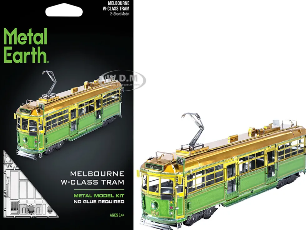 Model Kit Melbourne W-class Tram Green and Gold (Moderate Difficulty) Steel Model by Metal Earth