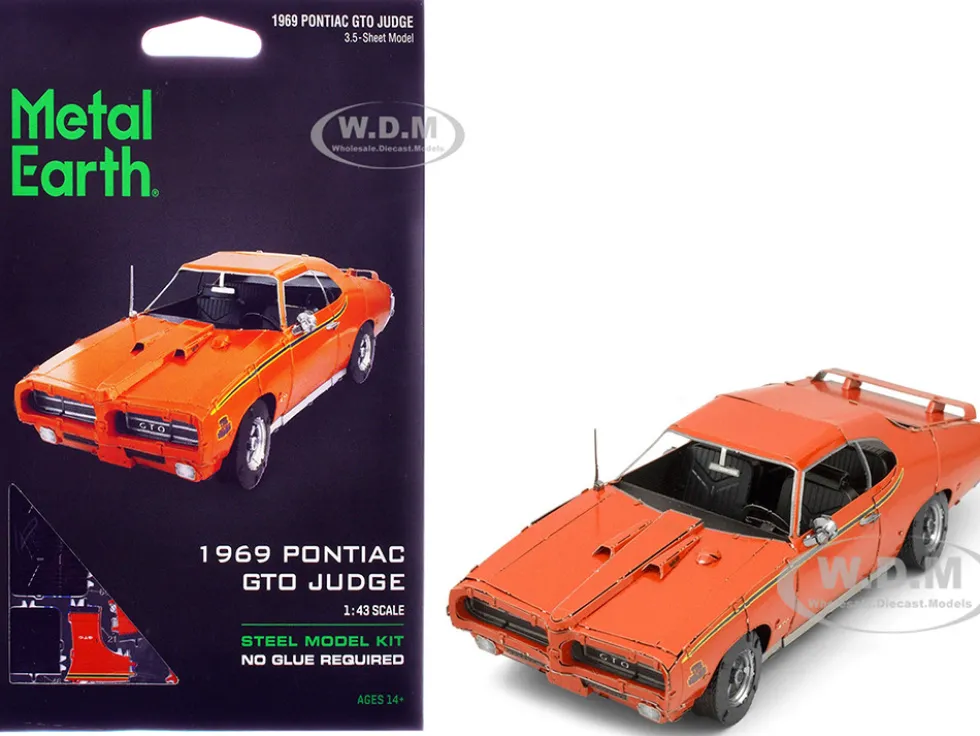 Model Kit 1969 Pontiac GTO Judge Orange with Black Stripes (Moderate Difficulty) Steel Model by Metal Earth