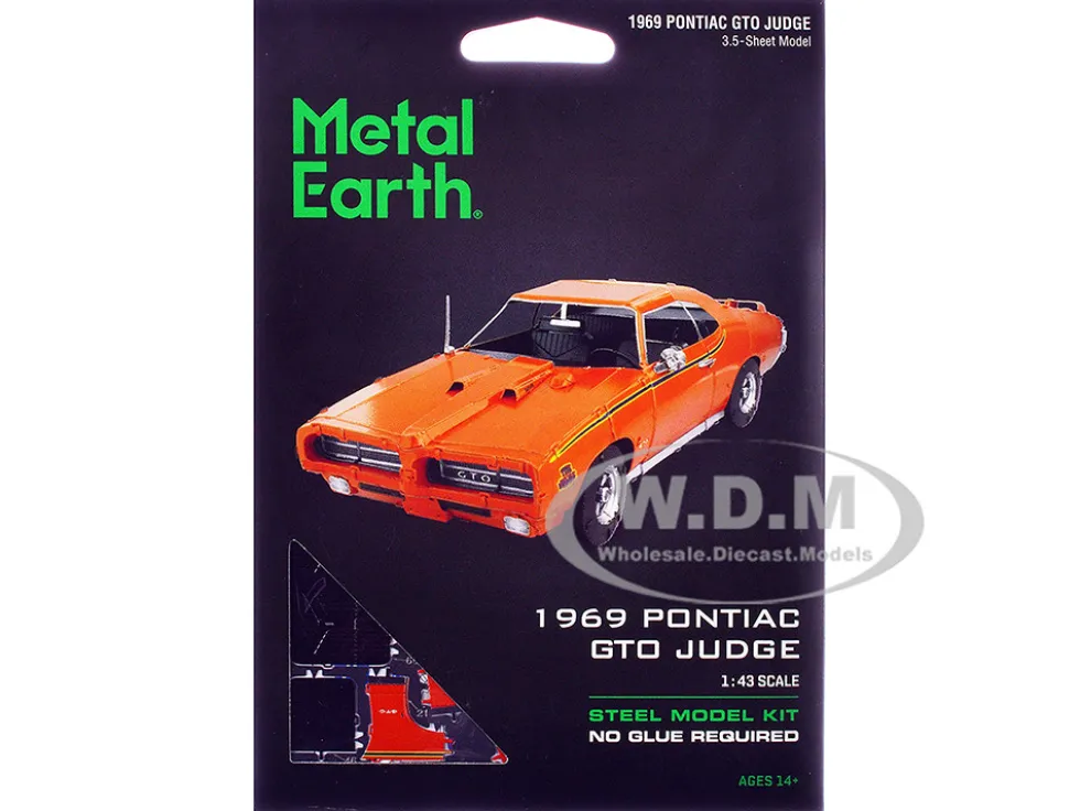 Model Kit 1969 Pontiac GTO Judge Orange with Black Stripes (Moderate Difficulty) Steel Model by Metal Earth