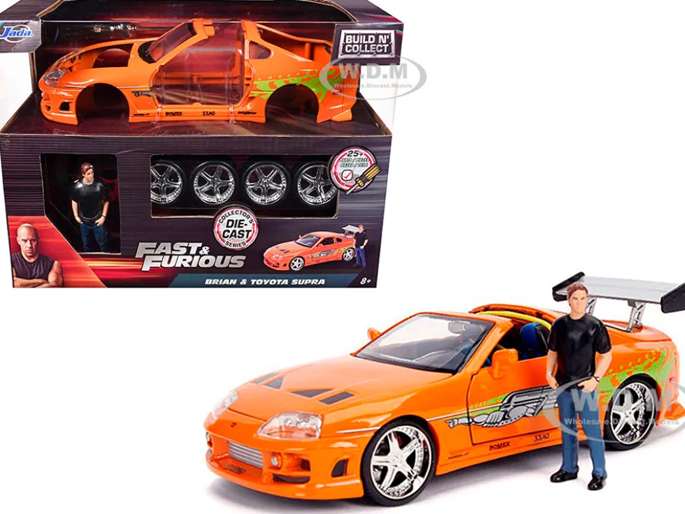 Model Kit Toyota Supra Metallic Orange Brian Diecast Figure Fast & Furious Movie Build N' Collect 1/24 Diecast Model Car Jada 30699