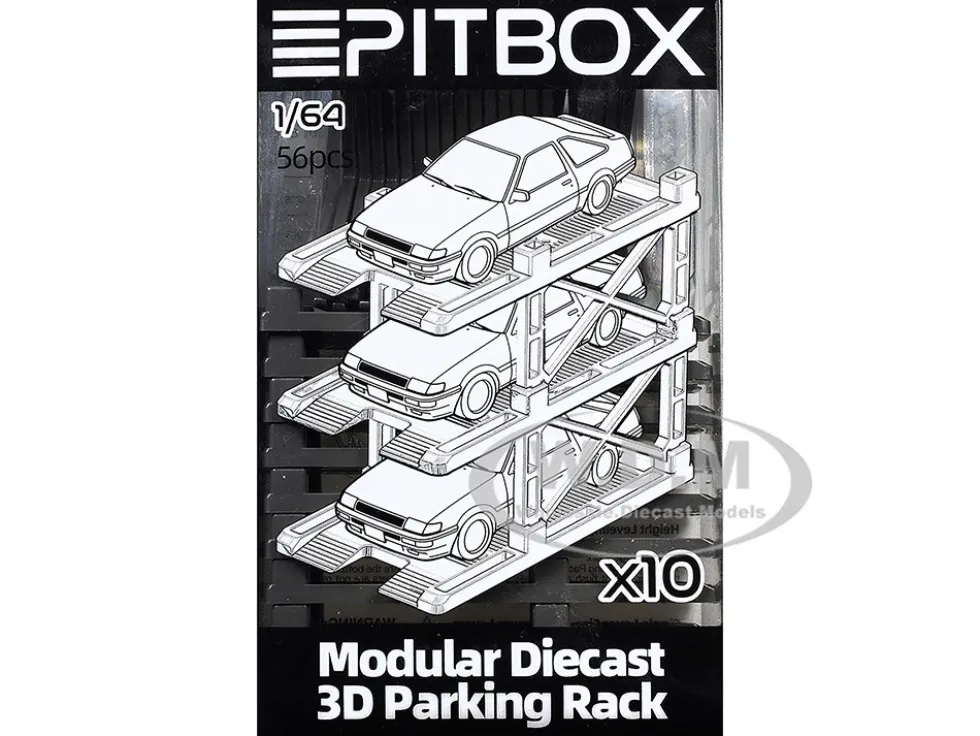 Modular Diecast 3D Parking Rack Display Stand Set of 10 Racks for 1/64 Scale Model Cars by Pitbox