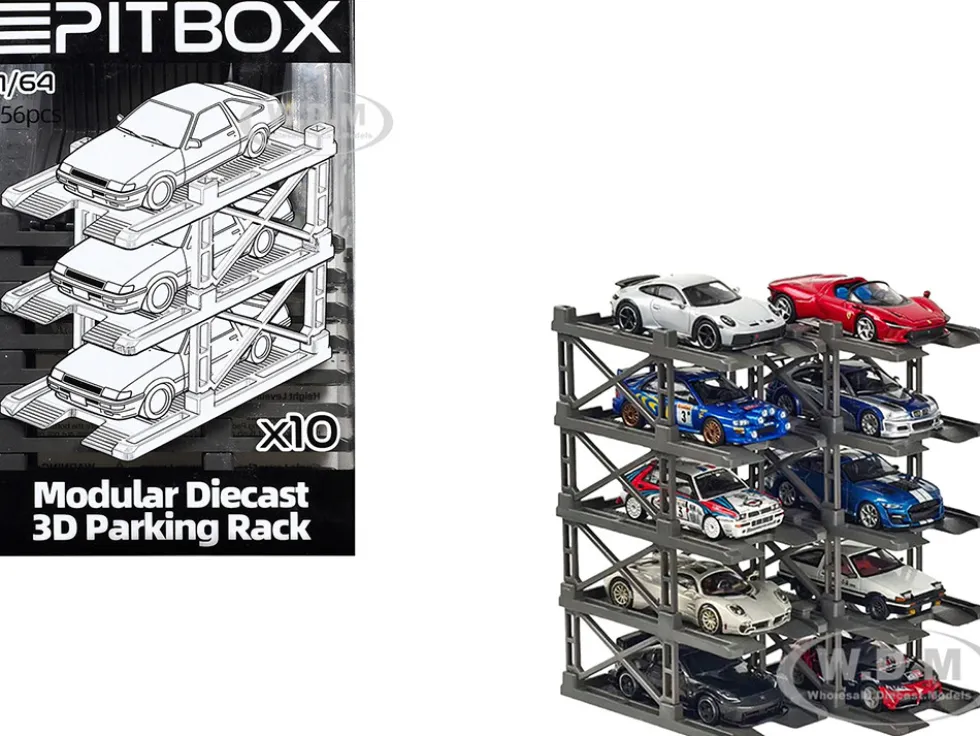 Modular Diecast 3D Parking Rack Display Stand Set of 10 Racks for 1/64 Scale Model Cars by Pitbox