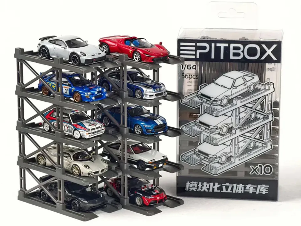 Modular Diecast 3D Parking Rack Display Stand Set of 10 Racks for 1/64 Scale Model Cars by Pitbox
