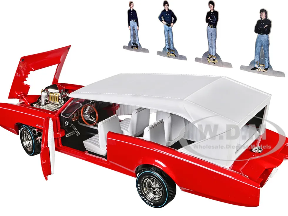 Monkeemobile Red with White Top and Interior The Monkees with Four Monkees Figure Cutouts Silver Screen Machines Series 1/18 Diecast Model Car Auto World AWSS144