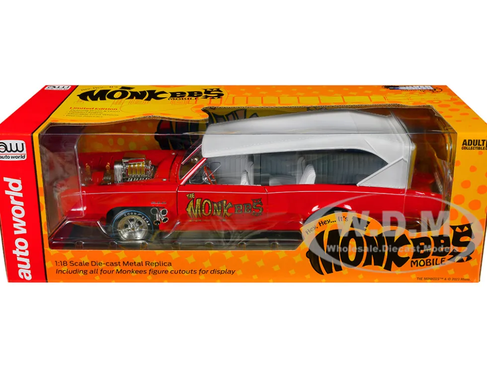 Monkeemobile Red with White Top and Interior The Monkees with Four Monkees Figure Cutouts Silver Screen Machines Series 1/18 Diecast Model Car Auto World AWSS144