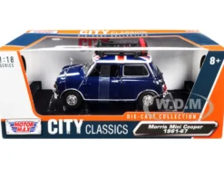 1961-1967 Morris Mini Cooper RHD Right Hand Drive Dark Blue British Flag on the Top Roof Rack City Classics Series 1/18 Diecast Model Car Motormax 79741