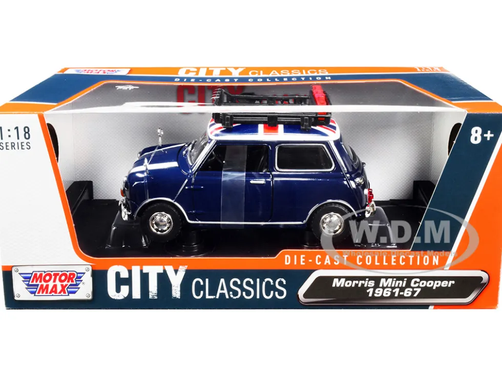 1961-1967 Morris Mini Cooper RHD Right Hand Drive Dark Blue British Flag on the Top Roof Rack City Classics Series 1/18 Diecast Model Car Motormax 79741