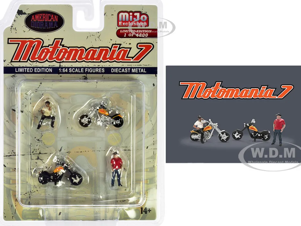 Motomania 7 4 piece Diecast Figure Set 2 Figures 2 Motorcycles Limited Edition to 4800 pieces Worldwide for 1/64 Scale Models American Diorama AD-76520MJ