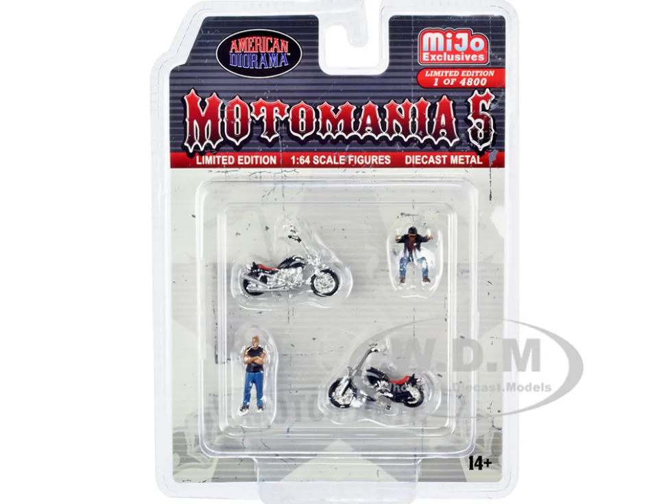 Motomania 5 4 piece Diecast Set 2 Figures and 2 Motorcycles Limited Edition to 4800 pieces Worldwide for 1/64 Scale Models American Diorama AD-76512MJ