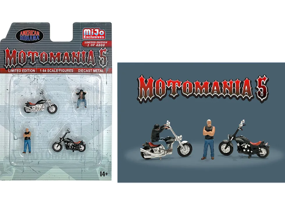 Motomania 5 4 piece Diecast Set 2 Figures and 2 Motorcycles Limited Edition to 4800 pieces Worldwide for 1/64 Scale Models American Diorama AD-76512MJ