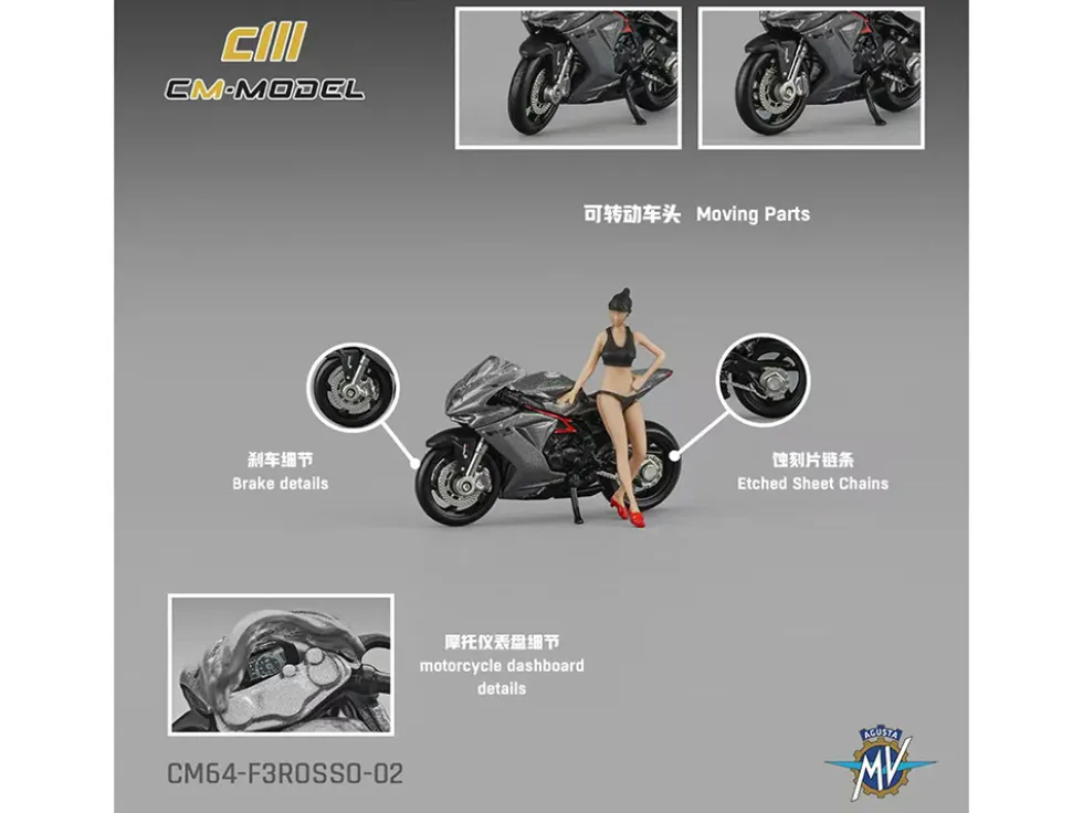 2022 MV Agusta F3 Rosso Motorcycle Silver Metallic with Figure 1/64 Diecast Model by CM Model