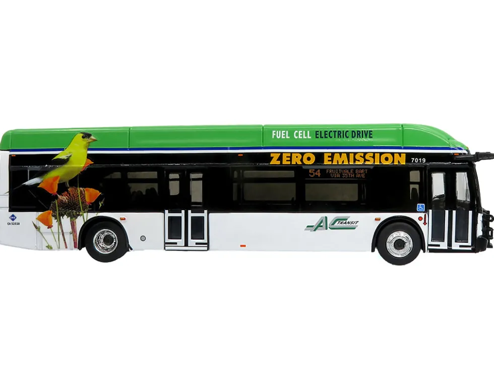 New Flyer Xcelsior XHE40 Transit Bus "AC Transit - Zero Emission" White and Green with Graphics "The Bus & Motorcoach Collection" Limited Edition 1/87 (HO) Diecast Model by Iconic Replicas