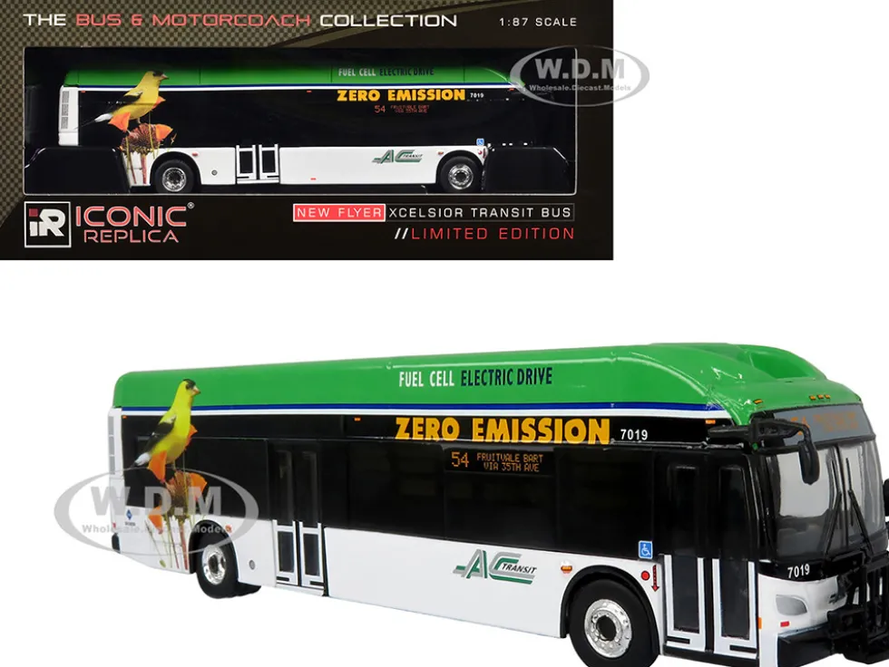 New Flyer Xcelsior XHE40 Transit Bus "AC Transit - Zero Emission" White and Green with Graphics "The Bus & Motorcoach Collection" Limited Edition 1/87 (HO) Diecast Model by Iconic Replicas