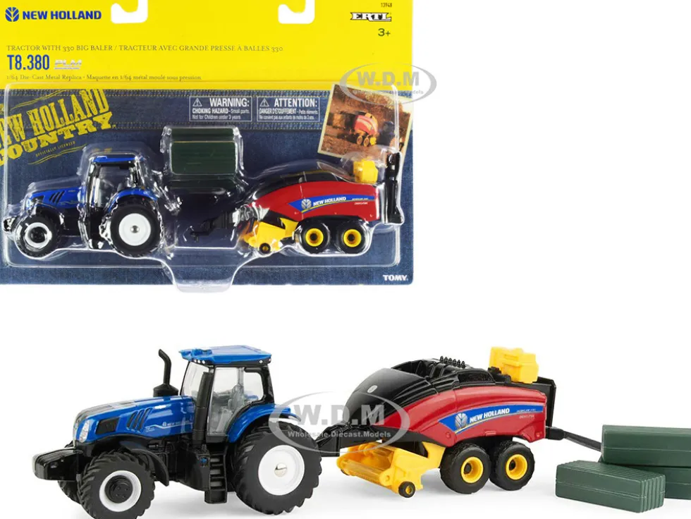 New Holland T8.380 Genesis Tractor Blue New Holland Big Baler 330 Red 3 Bales Set 3 pieces 1/64 Diecast Models ERTL TOMY 13948