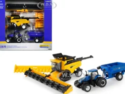 New Holland T8.410 Genesis Tractor Blue J&M Grain Car New Holland CR8.90 Combine Yellow Set 3 pieces New Holland Agriculture Series 1/64 Diecast Models ERTL TOMY 13996