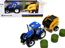 New Holland T6.175 Tractor Blue and Roll-Belt 561 Round Baler Yellow with 3 Bales 1/32 Diecast Model by ERTL TOMY