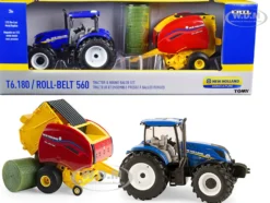 New Holland T6.180 Tractor Blue New Holland Roll-Belt 560 Baler Red 3 Bales Set 3 pieces 1/32 Diecast Models ERTL TOMY 13966