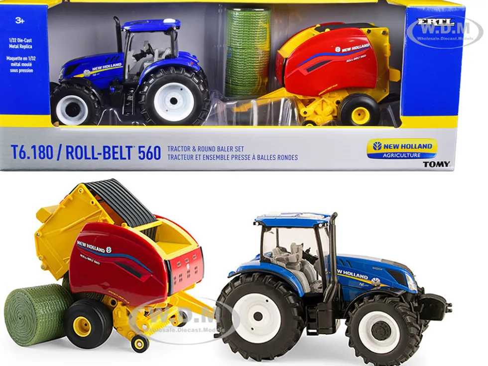 New Holland T6.180 Tractor Blue New Holland Roll-Belt 560 Baler Red 3 Bales Set 3 pieces 1/32 Diecast Models ERTL TOMY 13966