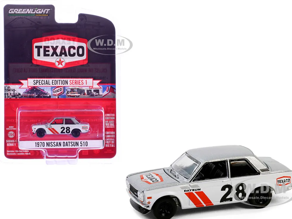 1970 Nissan Datsun 510 #28 "Texaco" Silver Metallic and White with Red Stripes "Texaco Special Edition" Series 1 1/64 Diecast Model Car by Greenlight