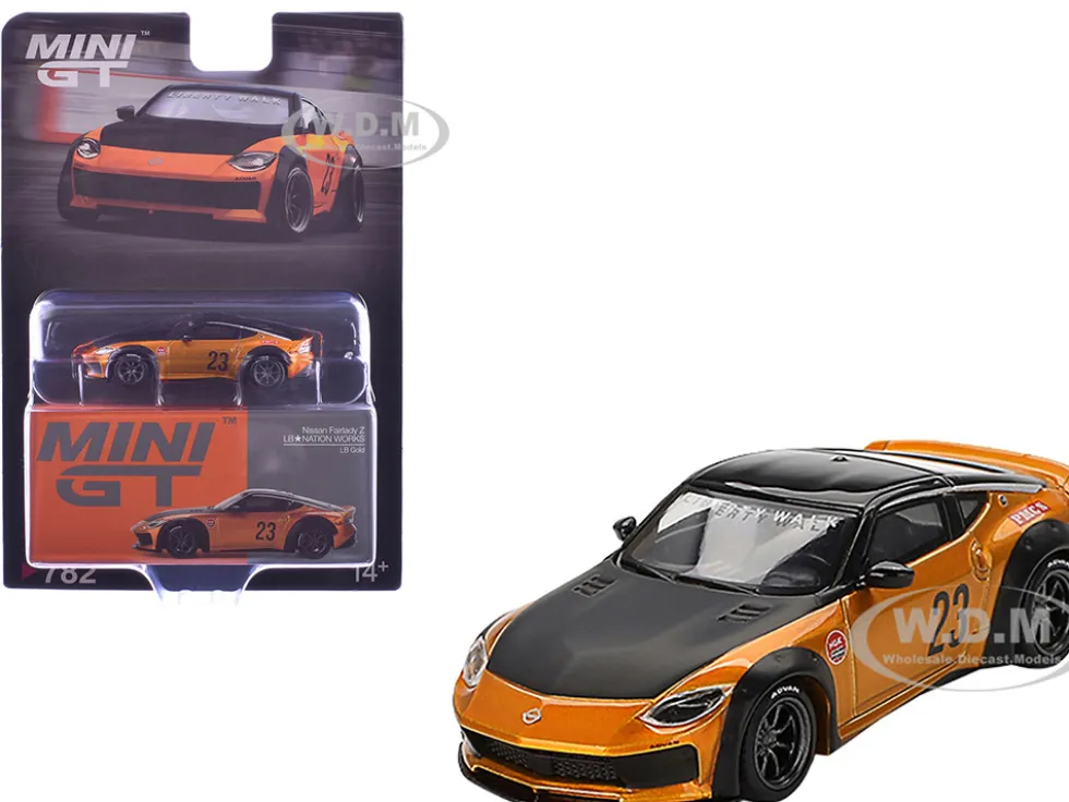 Nissan Fairlady Z #23 "LB-NATION WORKS" LB Gold Metallic with Matt Black Hood and Black Top Limited Edition 1/64 Diecast Model Car by Mini GT