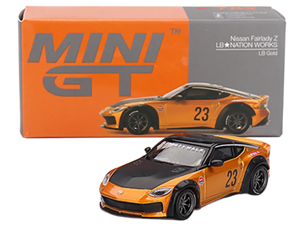 Nissan Fairlady Z #23 "LB-NATION WORKS" LB Gold Metallic with Matt Black Hood and Black Top Limited Edition 1/64 Diecast Model Car by Mini GT