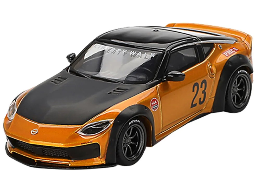 Nissan Fairlady Z #23 "LB-NATION WORKS" LB Gold Metallic with Matt Black Hood and Black Top Limited Edition 1/64 Diecast Model Car by Mini GT