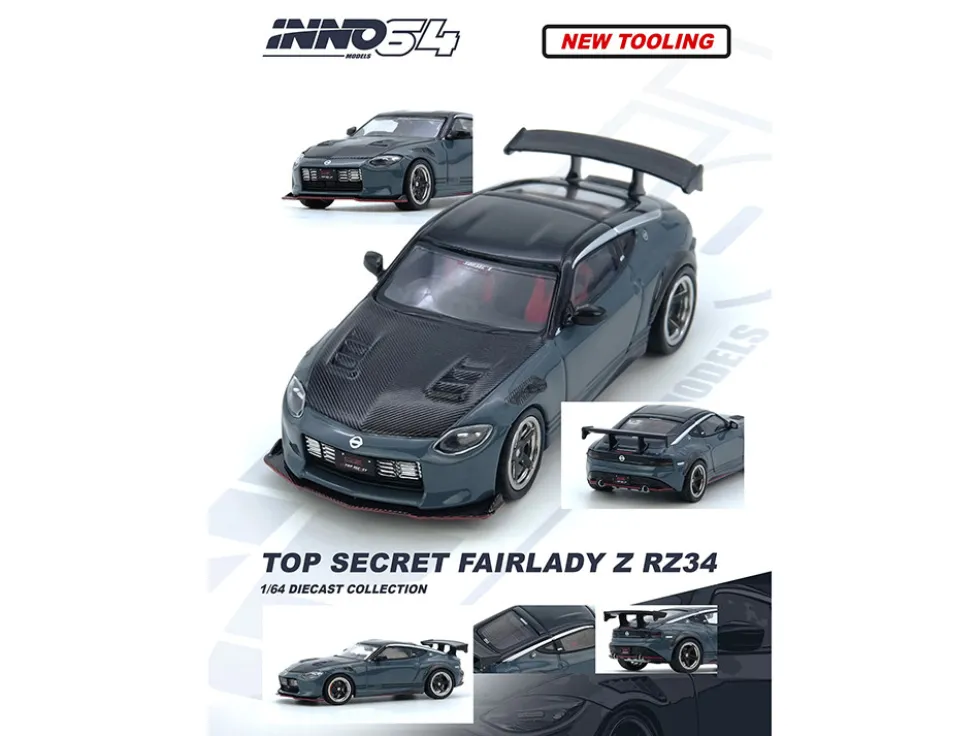 Nissan Fairlady Z "Top Secret" (RZ34) RHD (Right Hand Drive) Stealth Gray with Carbon Hood and Black Top 1/64 Diecast Model Car by Inno Models