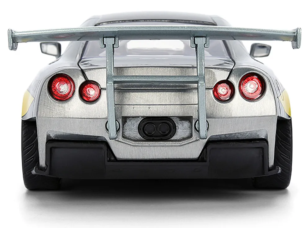 2009 Nissan GT-R (R35) Ben Sopra Brushed Metal with Black Top and Graphics and Mechagodzilla Diecast Figure "Godzilla" Franchise "Anime Hollywood Rides" Series 1/24 Diecast Model by Jada