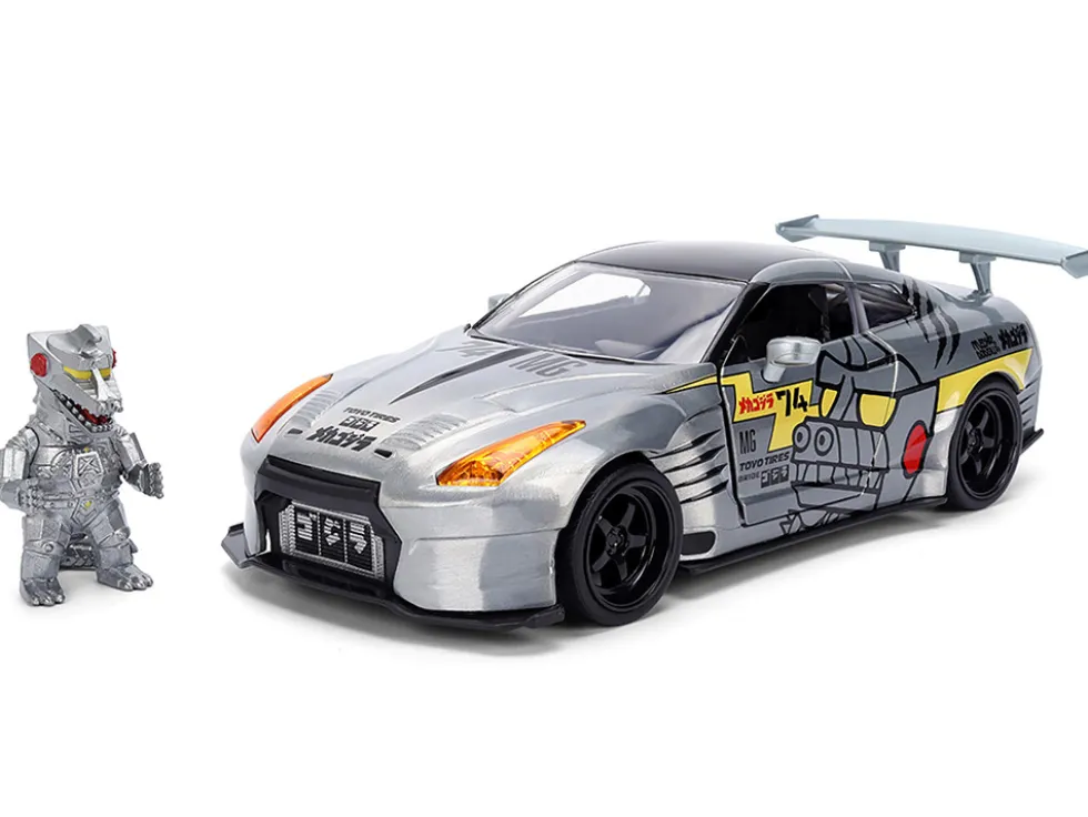 2009 Nissan GT-R (R35) Ben Sopra Brushed Metal with Black Top and Graphics and Mechagodzilla Diecast Figure "Godzilla" Franchise "Anime Hollywood Rides" Series 1/24 Diecast Model by Jada
