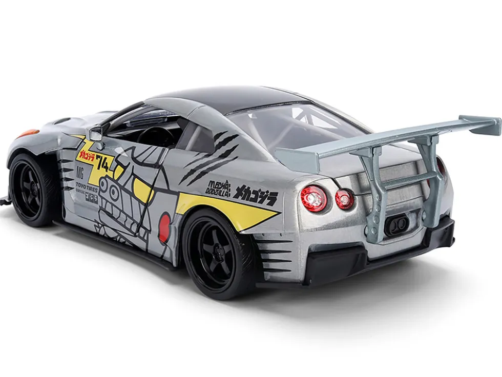 2009 Nissan GT-R (R35) Ben Sopra Brushed Metal with Black Top and Graphics and Mechagodzilla Diecast Figure "Godzilla" Franchise "Anime Hollywood Rides" Series 1/24 Diecast Model by Jada