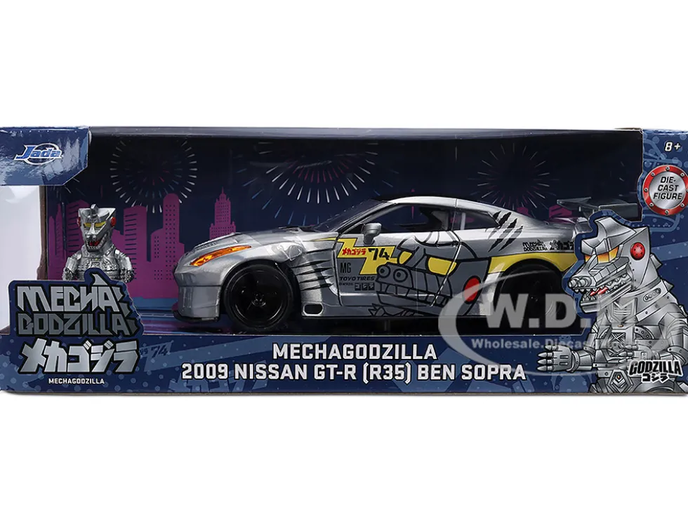 2009 Nissan GT-R (R35) Ben Sopra Brushed Metal with Black Top and Graphics and Mechagodzilla Diecast Figure "Godzilla" Franchise "Anime Hollywood Rides" Series 1/24 Diecast Model by Jada