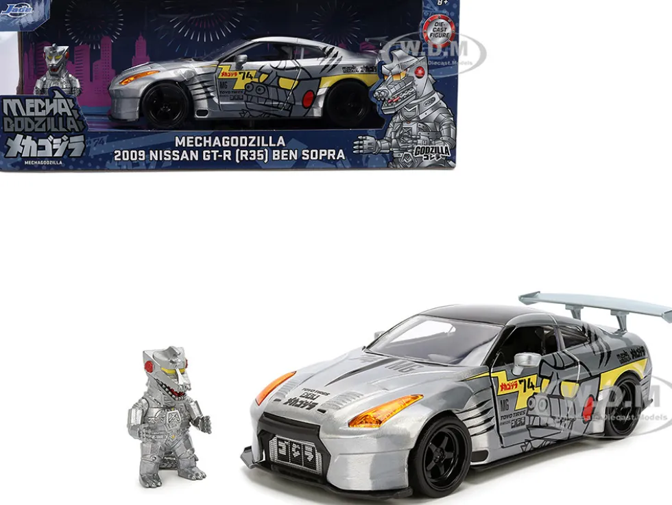 2009 Nissan GT-R (R35) Ben Sopra Brushed Metal with Black Top and Graphics and Mechagodzilla Diecast Figure "Godzilla" Franchise "Anime Hollywood Rides" Series 1/24 Diecast Model by Jada