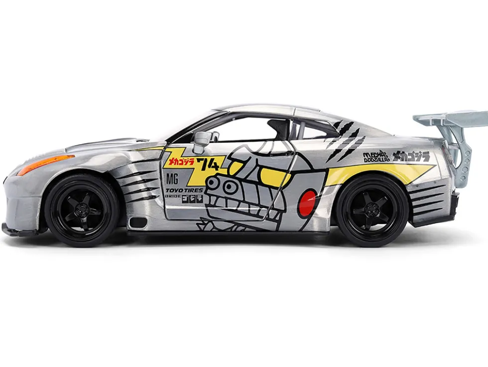 2009 Nissan GT-R (R35) Ben Sopra Brushed Metal with Black Top and Graphics and Mechagodzilla Diecast Figure "Godzilla" Franchise "Anime Hollywood Rides" Series 1/24 Diecast Model by Jada