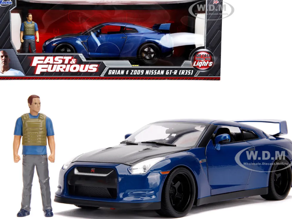 2009 Nissan GT-R R35 Blue Metallic Carbon Lights Brian Figurine Fast & Furious Movie 1/18 Diecast Model Car Jada 31142