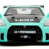 Nissan GT-R (R35) Liberty Walk Body Kit 2.0 RHD (Right Hand Drive) Light Blue with Black Hood and White Stripes "Pink Slips" Series 1/18 Diecast Model Car by Jada