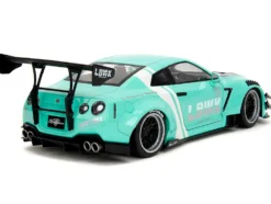 Nissan GT-R (R35) Liberty Walk Body Kit 2.0 RHD (Right Hand Drive) Light Blue with Black Hood and White Stripes "Pink Slips" Series 1/18 Diecast Model Car by Jada