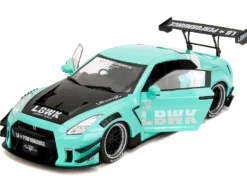 Nissan GT-R (R35) Liberty Walk Body Kit 2.0 RHD (Right Hand Drive) Light Blue with Black Hood and White Stripes 