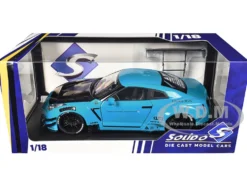 2023 Nissan GT-R (R35) Liberty Walk Body Kit 2.0 RHD (Right Hand Drive) Baby Blue with Carbon Hood 1/18 Diecast Model Car by Solido